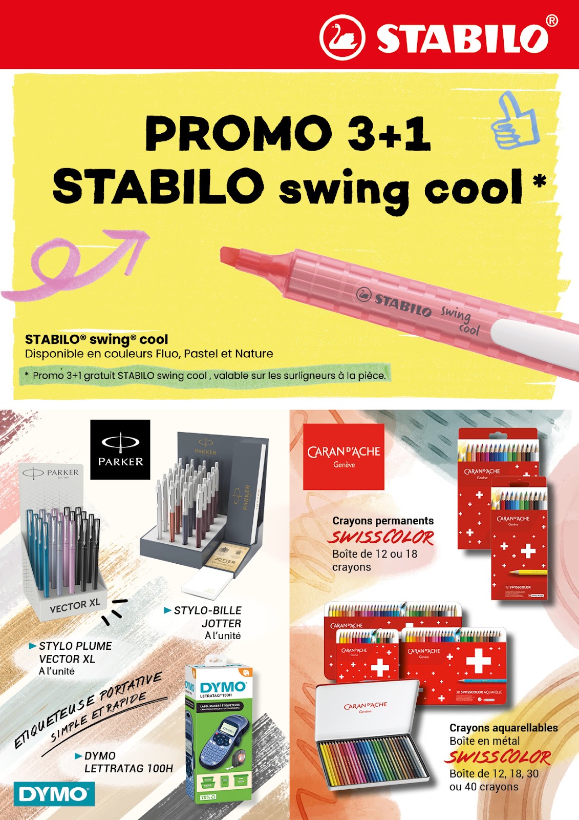 Promo STABILO swing cool 3+1, Parker, Caran d'Ache Swisscolor, Dymo