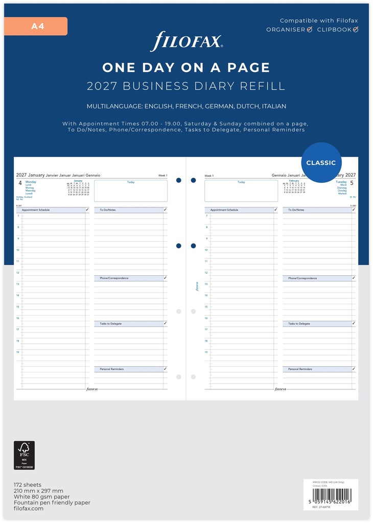 RECHARGE FILOFAX A4 2027 one day on a page